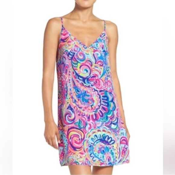 Lilly Pulitzer Lela Psychedelic Sunshine Silk Slip Double V-Neck Dress Small - Picture 1 of 15